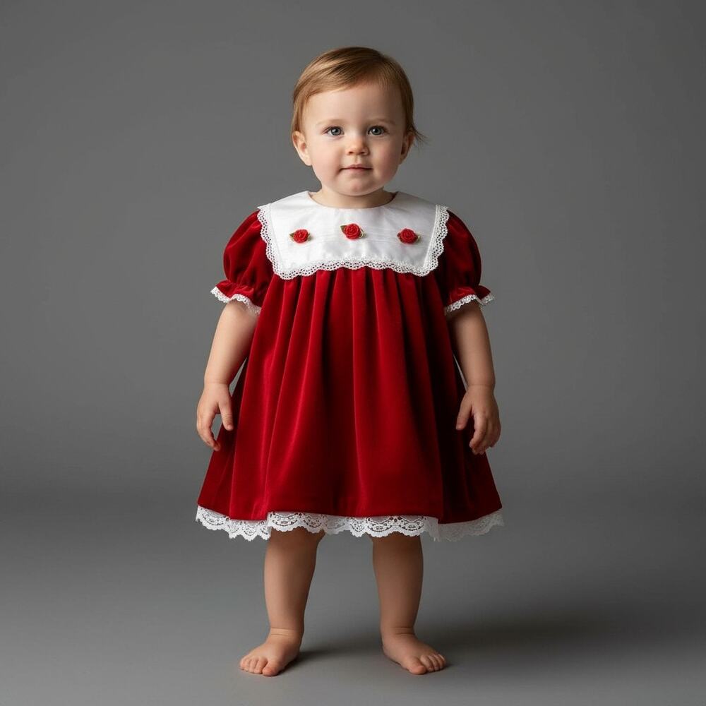 Class Club Baby Dress Girl’s 18 Months Red Velvet Roses Lace Eyelet Trim